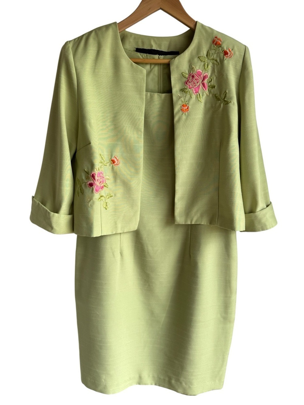 Sag Harbor Floral Embroidered Dress + Jacket Set 10P Lime Green Pencil Spring